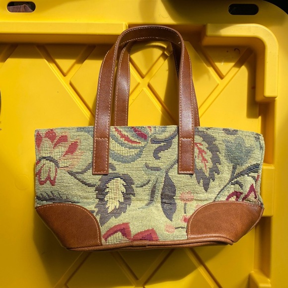 Vintage 90s Liz Claiborne Floral Tapestry Mini Tote Bag Brown Leather Heritage - Picture 2 of 6